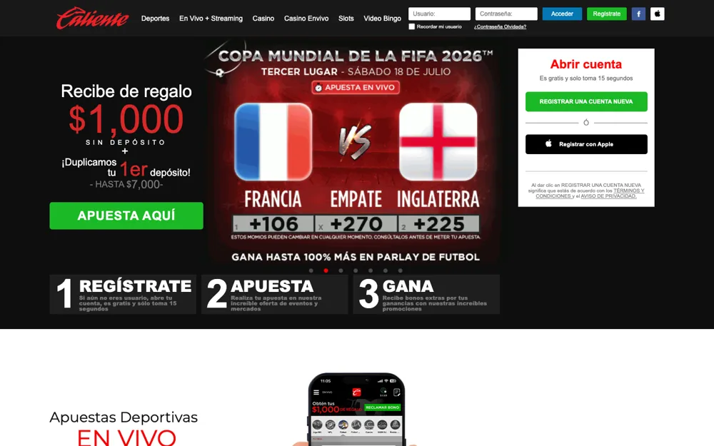 Caliente México, página de inicio de apuestas deportivas